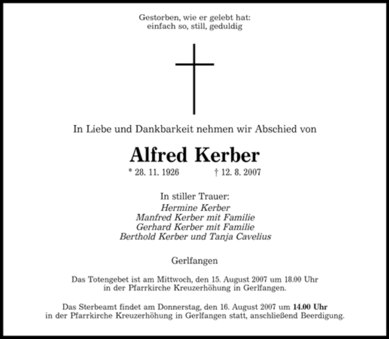 Traueranzeigen Von Alfred Kerber Saarbruecker Zeitung Trauer De