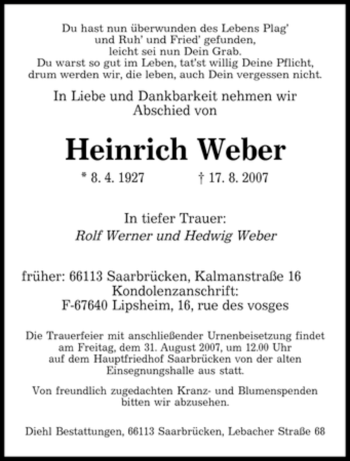 Traueranzeigen Von Heinrich Weber Saarbruecker Zeitung Trauer De