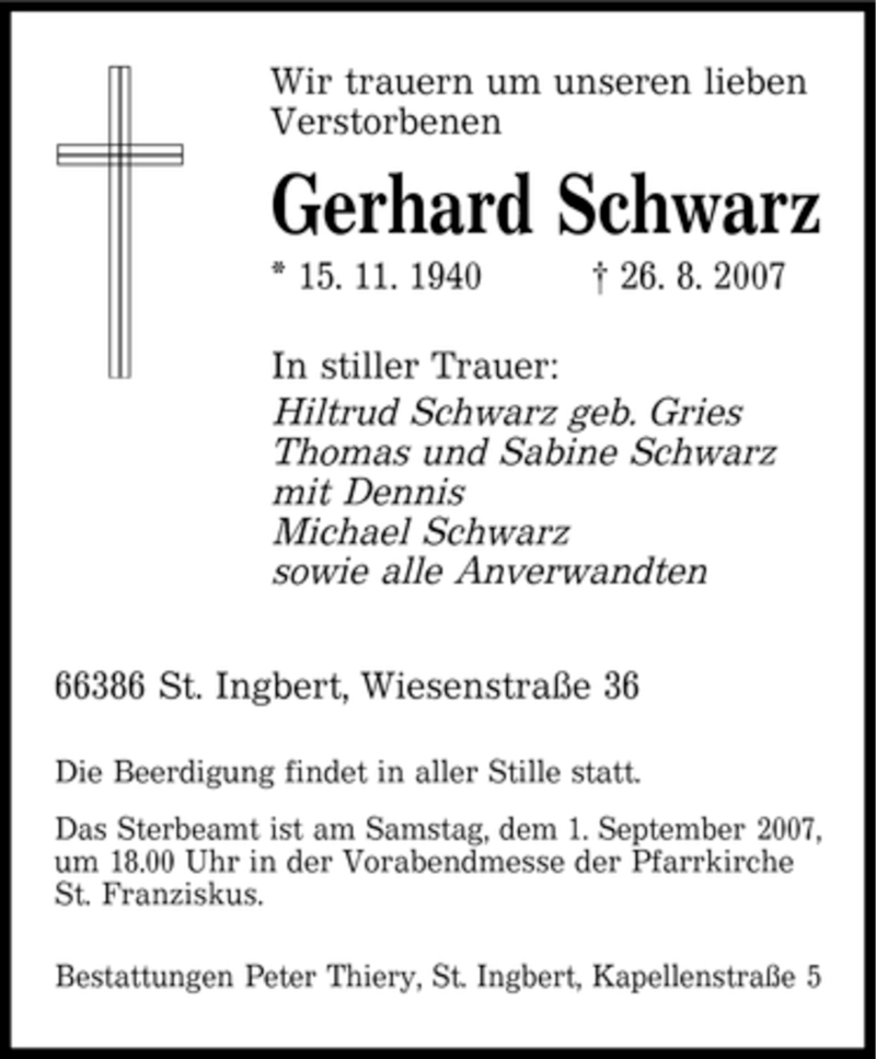 Traueranzeigen Von Gerhard Schwarz Saarbruecker Zeitung Trauer De