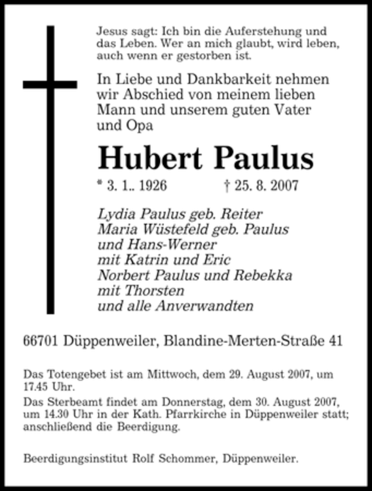 Traueranzeigen Von Hubert Paulus Saarbruecker Zeitung Trauer De