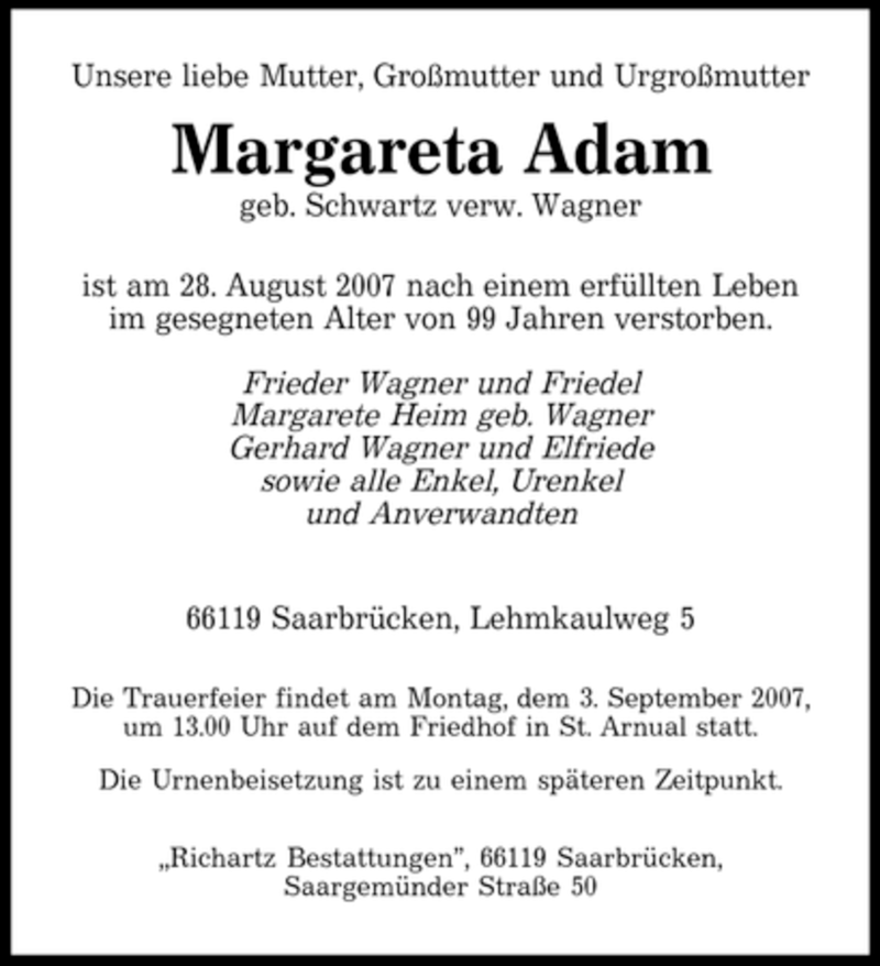 Traueranzeigen Von Margareta Adam Saarbruecker Zeitung Trauer De