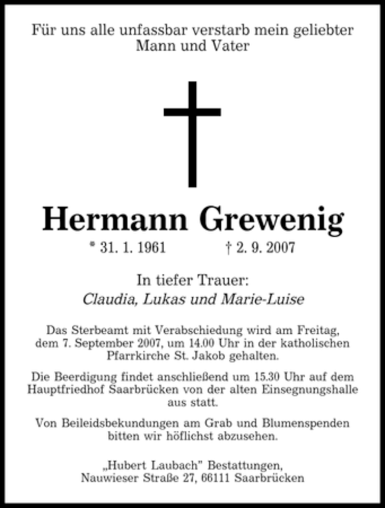 Traueranzeigen Von Hermann Grewenig Saarbruecker Zeitung Trauer De