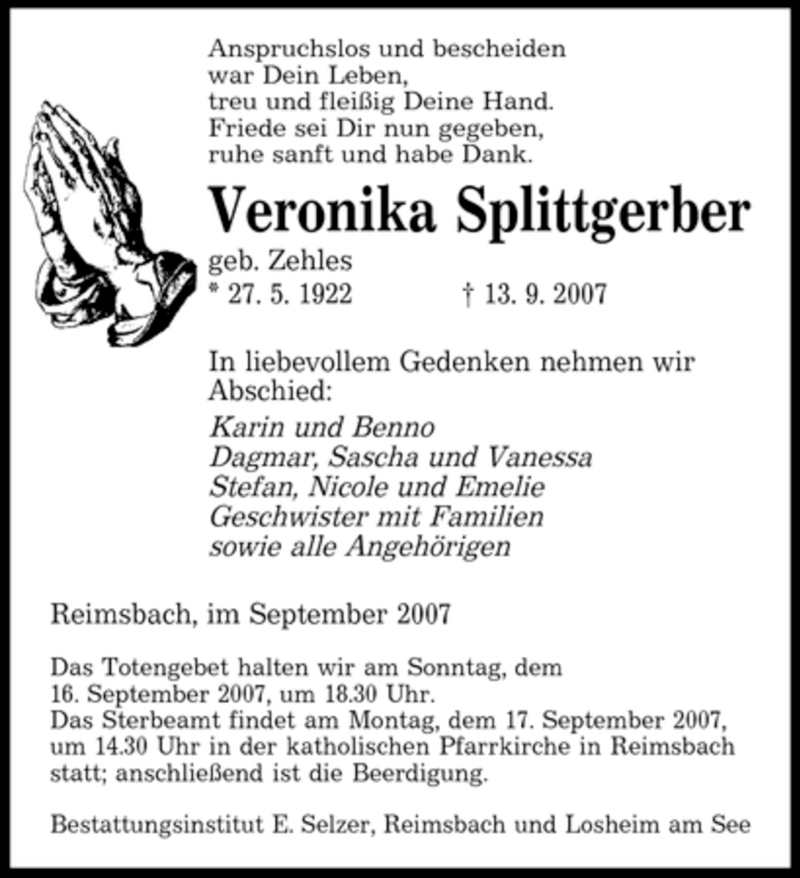 Traueranzeigen Von Veronika Splittgerber Saarbruecker Zeitung Trauer De