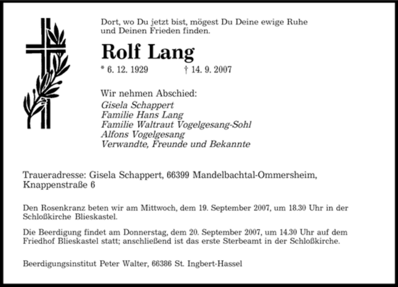 Traueranzeigen Von Rolf Lang Saarbruecker Zeitung Trauer De