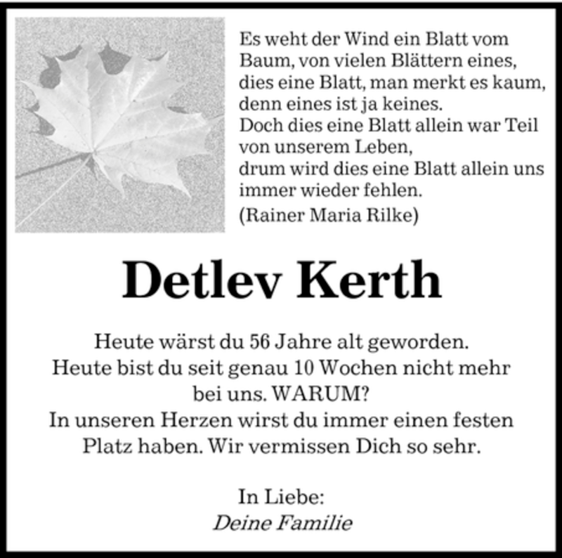 Traueranzeigen Von Detlev Kerth Saarbruecker Zeitung Trauer De