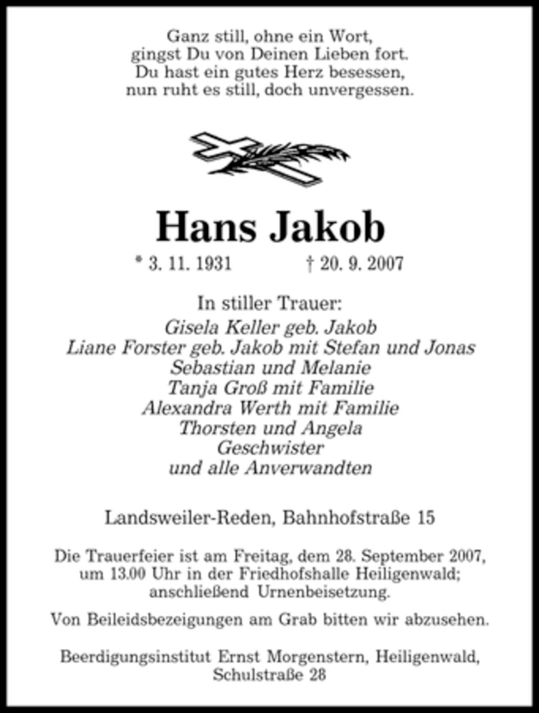 Traueranzeigen Von Hans Jakob Saarbruecker Zeitung Trauer De