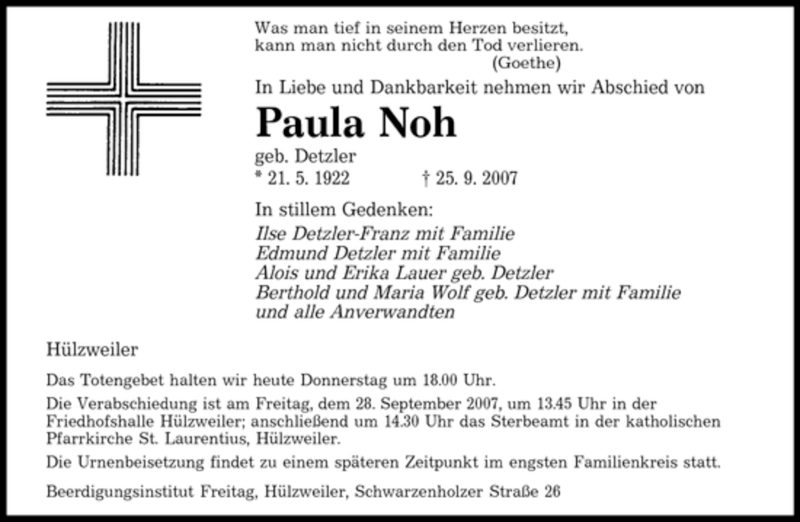 Traueranzeigen Von Paula Noh Saarbruecker Zeitung Trauer De