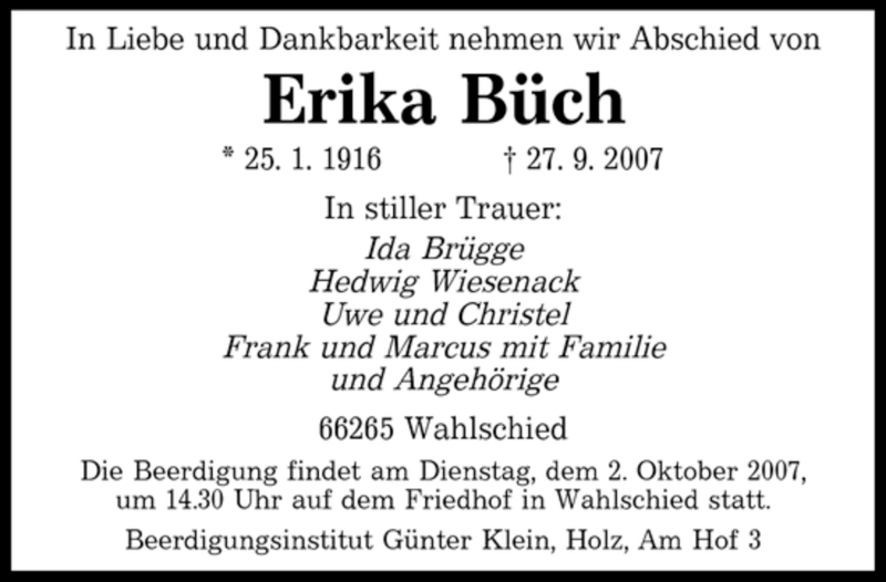 Traueranzeigen Von Erika B Ch Saarbruecker Zeitung Trauer De