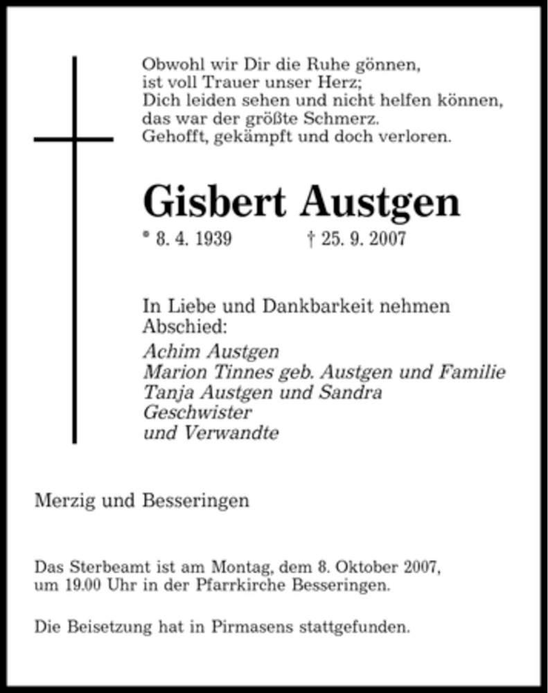 Traueranzeigen Von Gisbert Austgen Saarbruecker Zeitung Trauer De