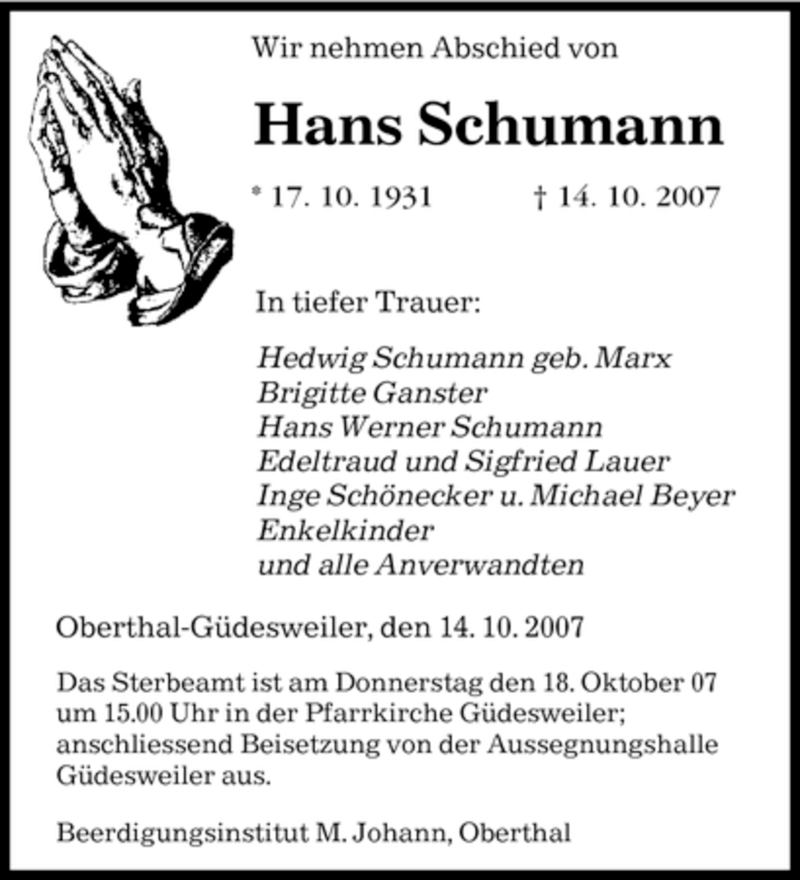 Traueranzeigen Von Hans Schumann Saarbruecker Zeitung Trauer De