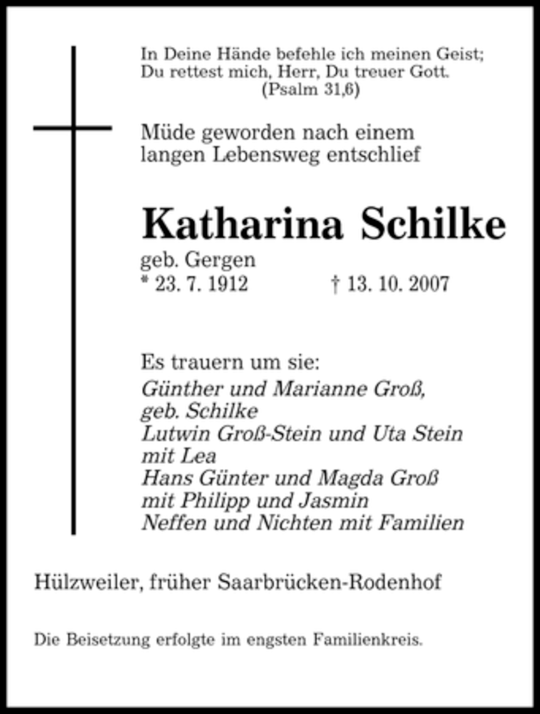 Traueranzeigen Von Katharina Schilke Saarbruecker Zeitung Trauer De