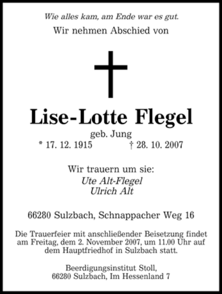 Traueranzeigen Von Lise Lotte Flegel Saarbruecker Zeitung Trauer De