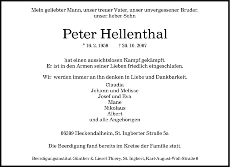 Traueranzeigen Von Peter Hellenthal Saarbruecker Zeitung Trauer De