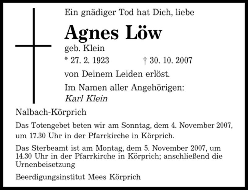 Traueranzeigen Von Agnes L W Saarbruecker Zeitung Trauer De