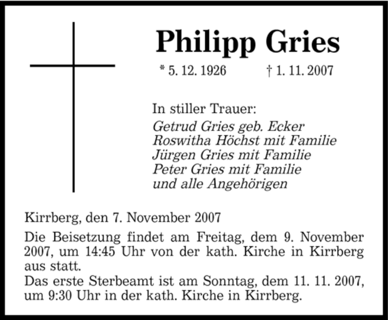 Traueranzeigen Von Philipp Gries Saarbruecker Zeitung Trauer De