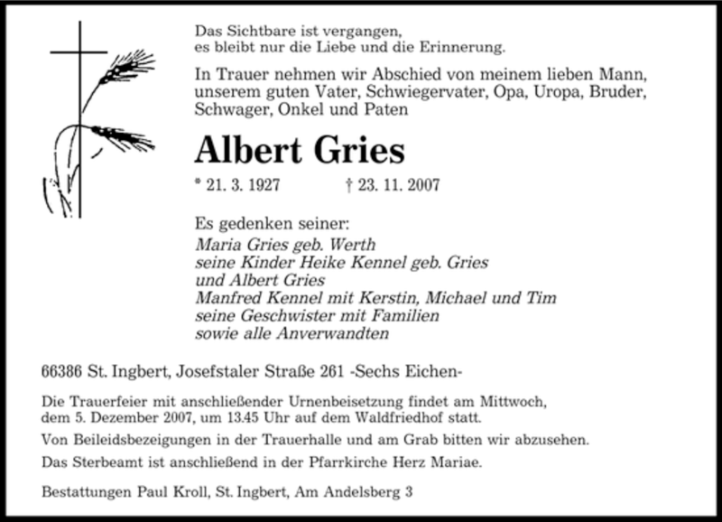 Traueranzeigen Von Albert Gries Saarbruecker Zeitung Trauer De