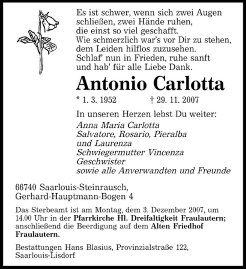 Traueranzeigen Von Antonio Carlotta Saarbruecker Zeitung Trauer De