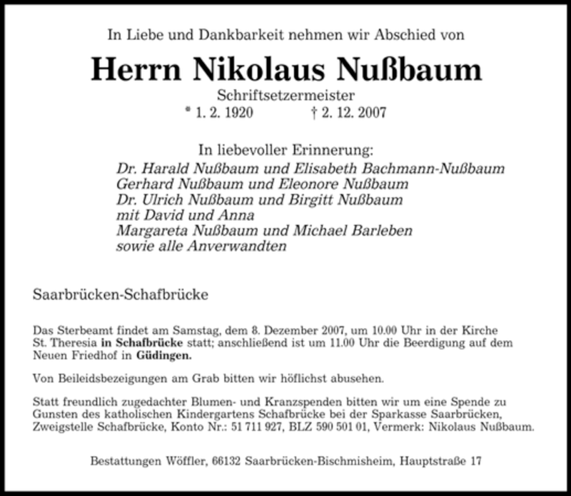 Traueranzeigen Von Nikolaus Nu Baum Saarbruecker Zeitung Trauer De