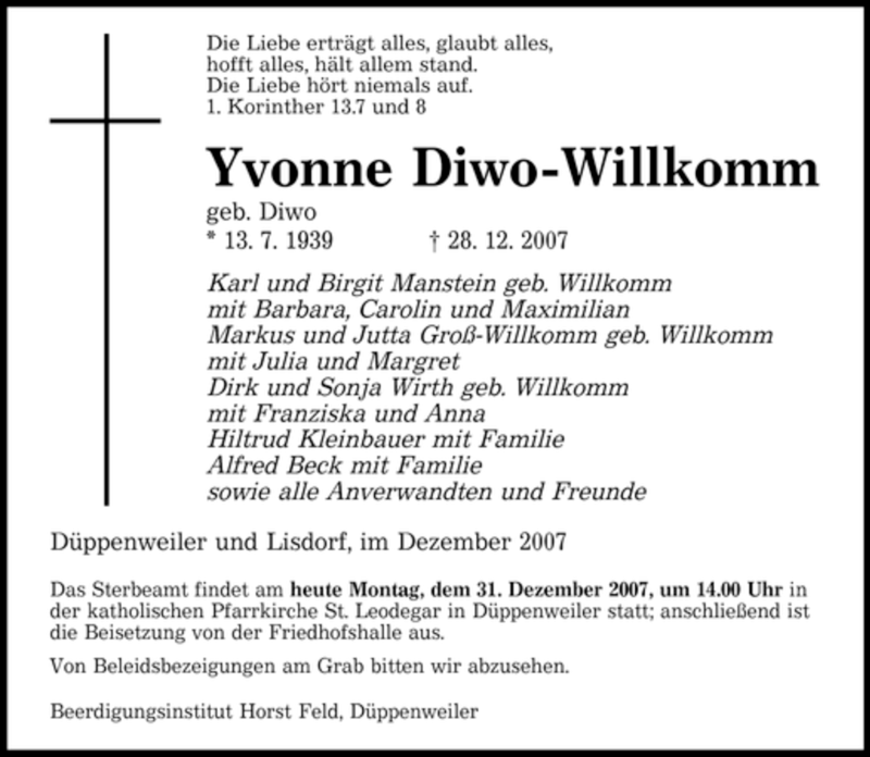 Traueranzeigen Von Yvonne Diwo Willkomm Saarbruecker Zeitung Trauer De