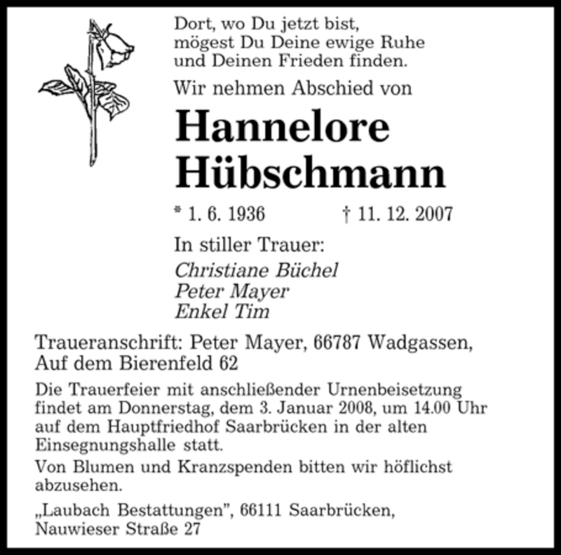 Traueranzeigen Von Hannelore H Bschmann Saarbruecker Zeitung Trauer De