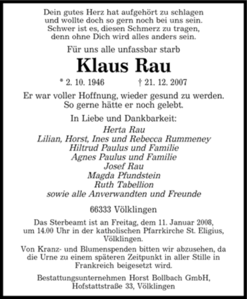 Traueranzeigen Von Klaus Rau Saarbruecker Zeitung Trauer De