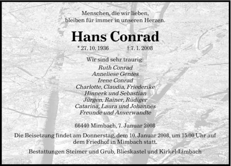 Traueranzeigen Von Hans Conrad Saarbruecker Zeitung Trauer De