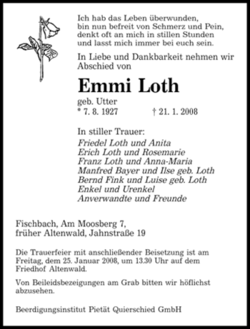 Traueranzeigen Von Emmi Loth Saarbruecker Zeitung Trauer De