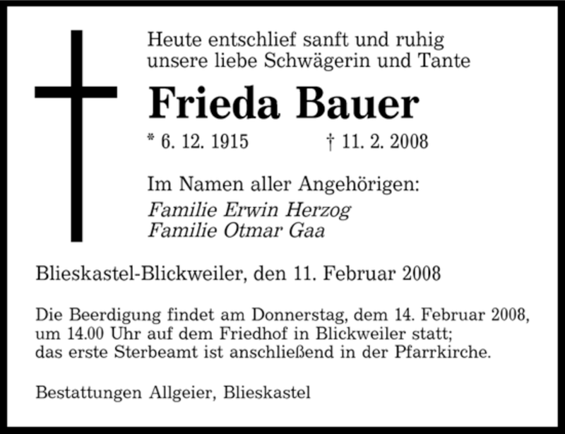 Traueranzeigen Von Frieda Bauer Saarbruecker Zeitung Trauer De