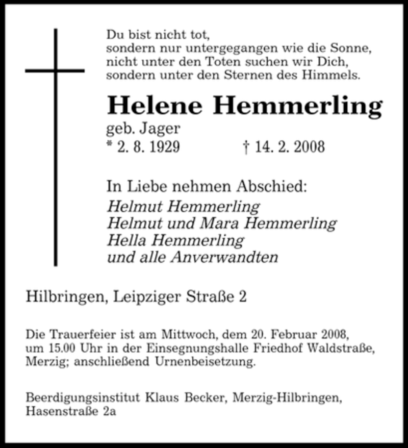 Traueranzeigen Von Helene Hemmerling Saarbruecker Zeitung Trauer De