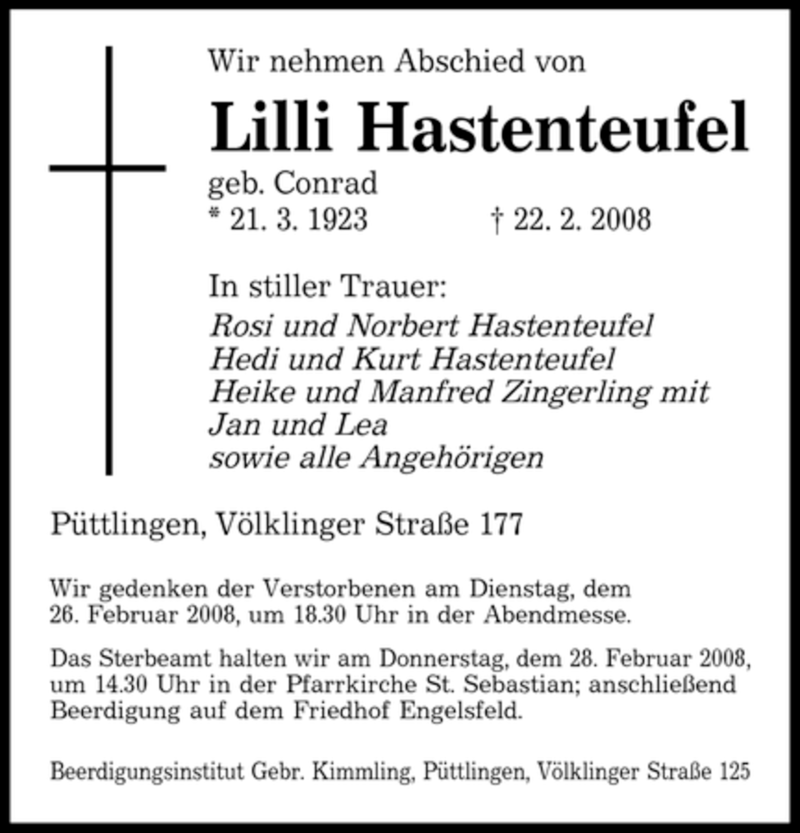 Traueranzeigen Von Lilli Hastenteufel Saarbruecker Zeitung Trauer De