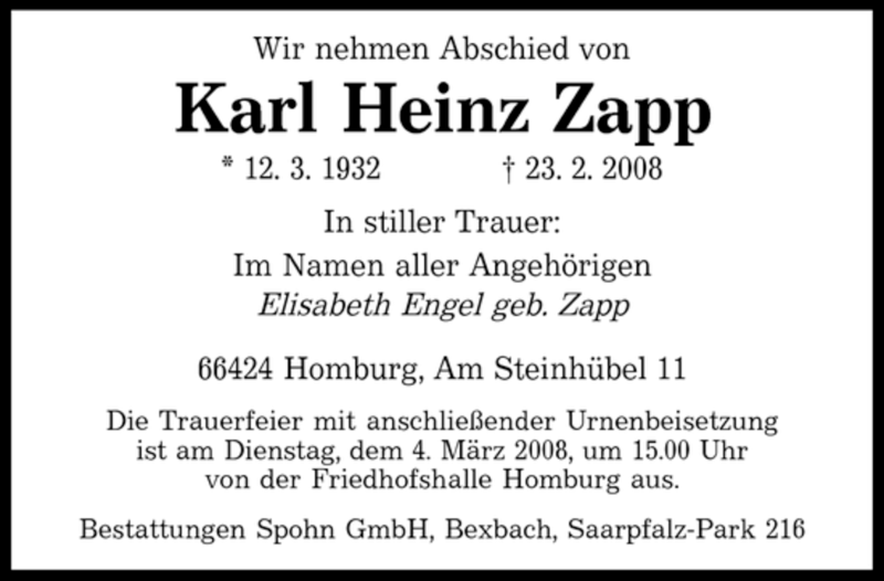 Traueranzeigen Von Karl Heinz Zapp Saarbruecker Zeitung Trauer De