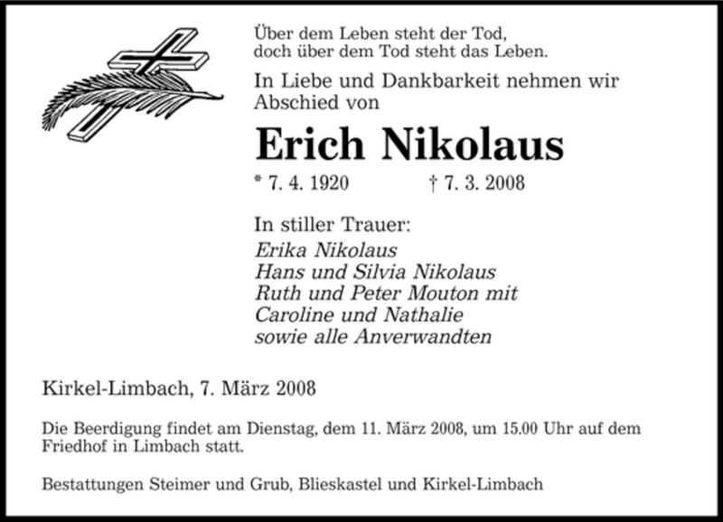 Traueranzeigen Von Erich Nikolaus Saarbruecker Zeitung Trauer De