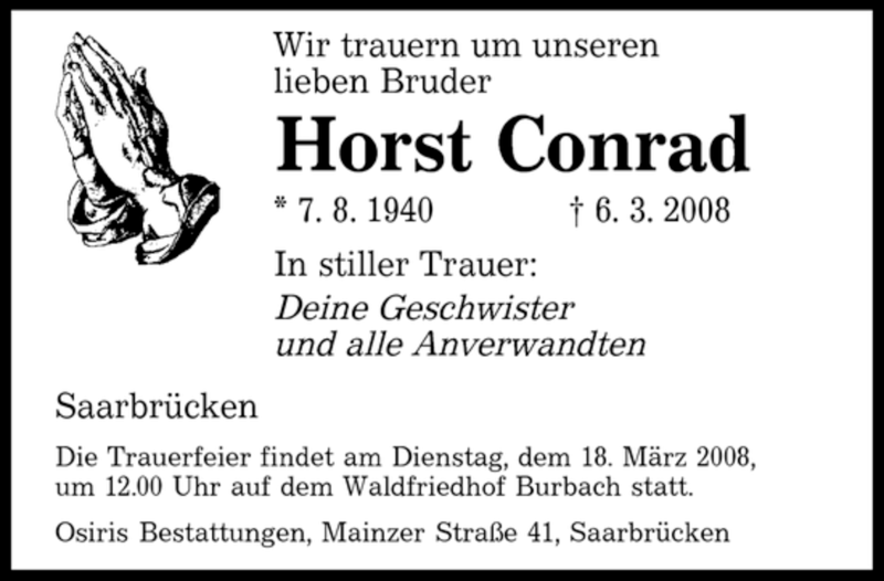 Traueranzeigen Von Horst Conrad Saarbruecker Zeitung Trauer De