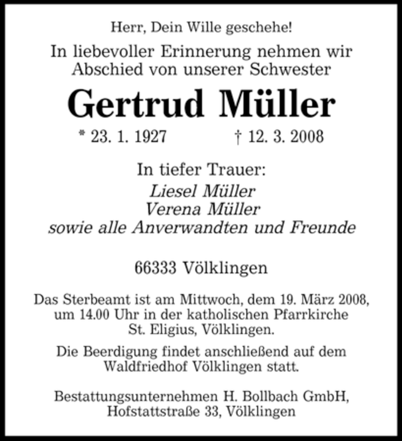 Traueranzeigen Von Gertrud M Ller Saarbruecker Zeitung Trauer De