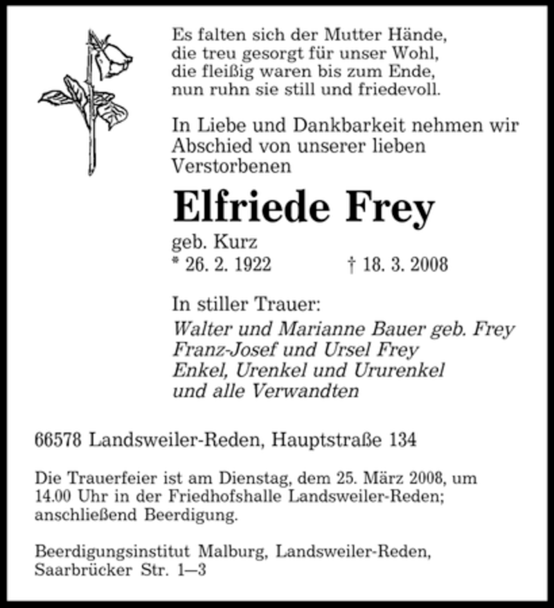 Traueranzeigen Von Elfriede Frey Saarbruecker Zeitung Trauer De