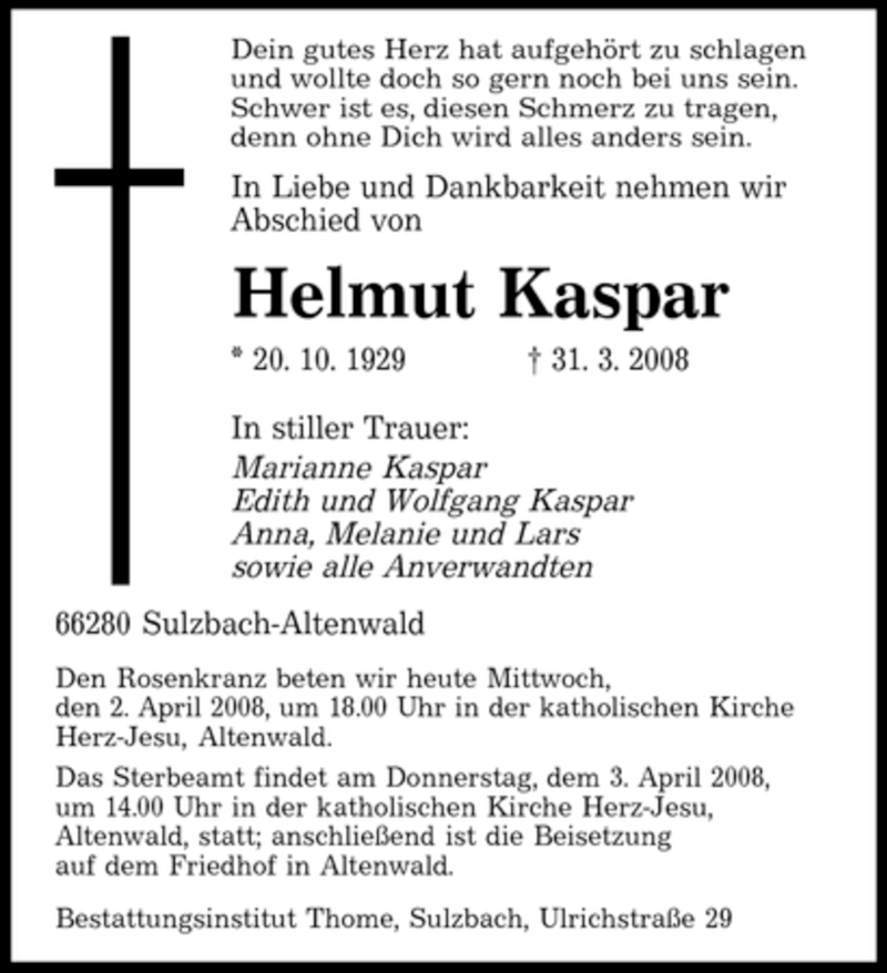 Traueranzeigen Von Helmut Kaspar Saarbruecker Zeitung Trauer De