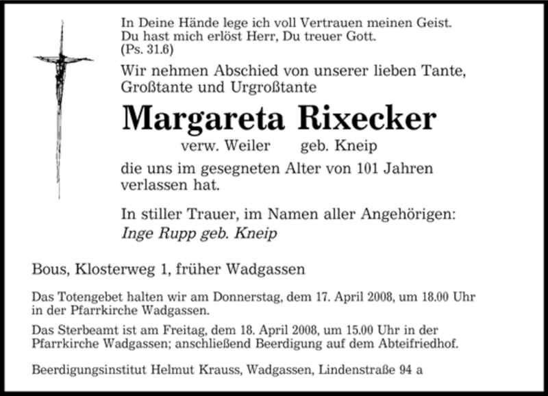 Traueranzeigen Von Margareta Rixecker Saarbruecker Zeitung Trauer De