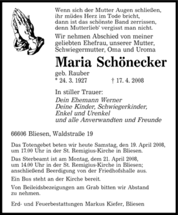 Traueranzeigen von Maria Schönecker Saarbruecker Zeitung Trauer de