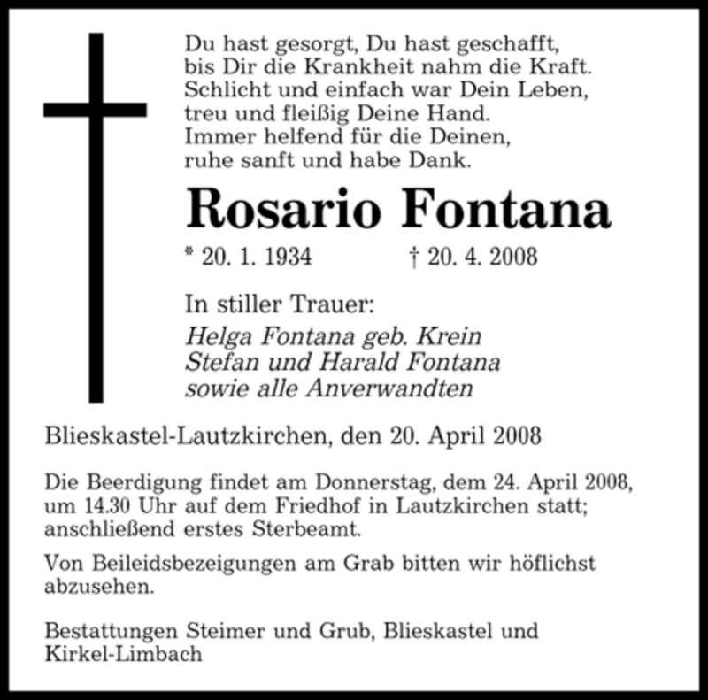 Traueranzeigen Von Rosario Fontana Saarbruecker Zeitung Trauer De