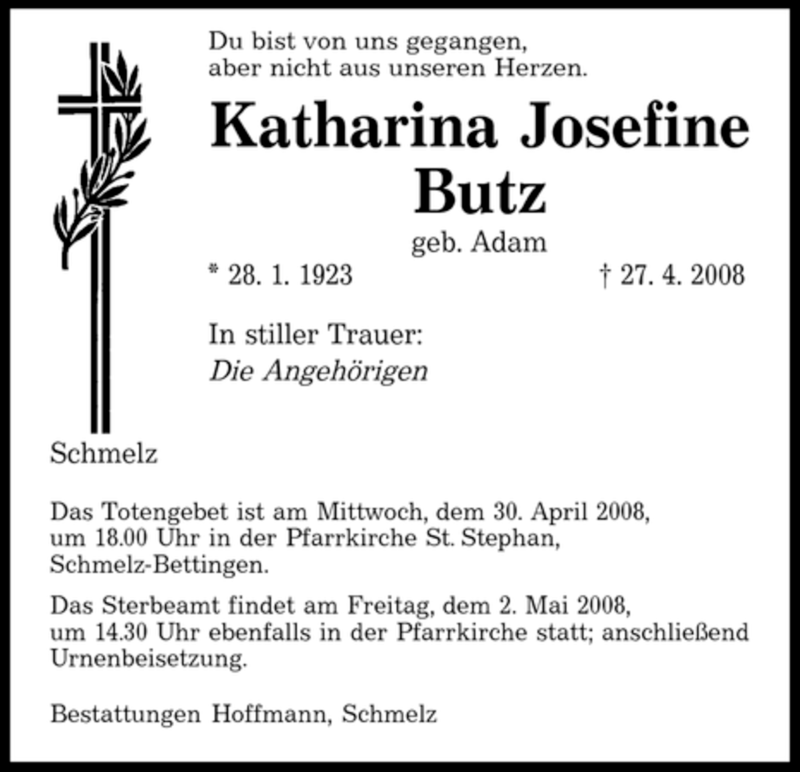 Traueranzeigen Von Katharina Josefine Butz Saarbruecker Zeitung Trauer De