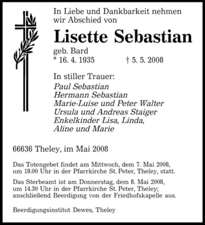 Traueranzeigen Von Lisette Sebastian Saarbruecker Zeitung Trauer De