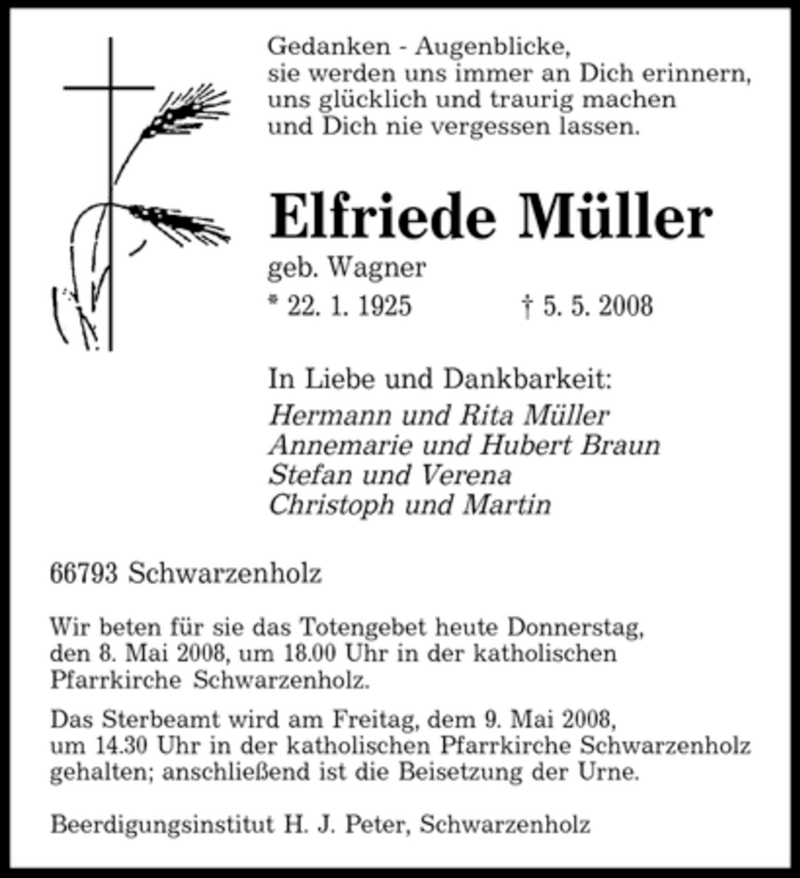 Traueranzeigen Von Elfriede M Ller Saarbruecker Zeitung Trauer De