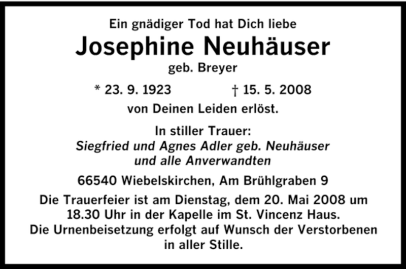 Traueranzeigen Von Josephine Neuh User Saarbruecker Zeitung Trauer De