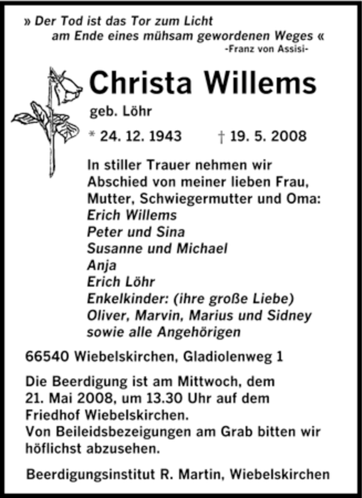 Traueranzeigen Von Christa Willems Saarbruecker Zeitung Trauer De