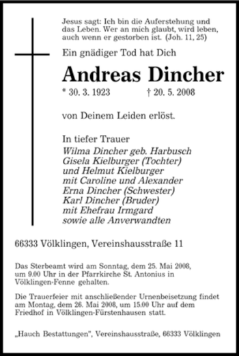Traueranzeige von Andreas Dincher von SAARBRÜCKER ZEITUNG