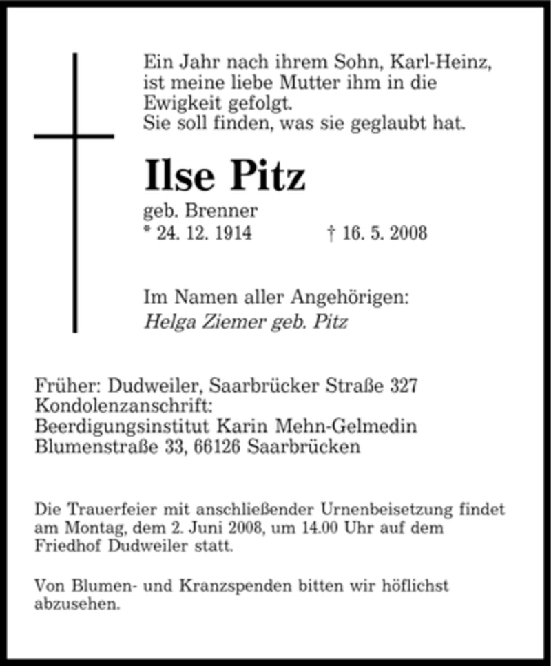 Traueranzeigen Von Ilse Pitz Saarbruecker Zeitung Trauer De