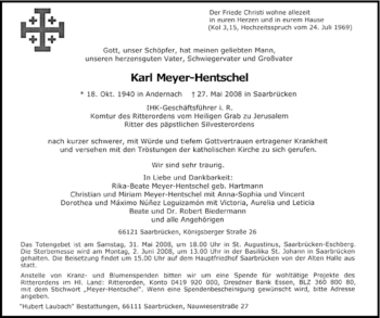 Traueranzeigen Von Karl Meyer Hentschel Saarbruecker Zeitung Trauer De