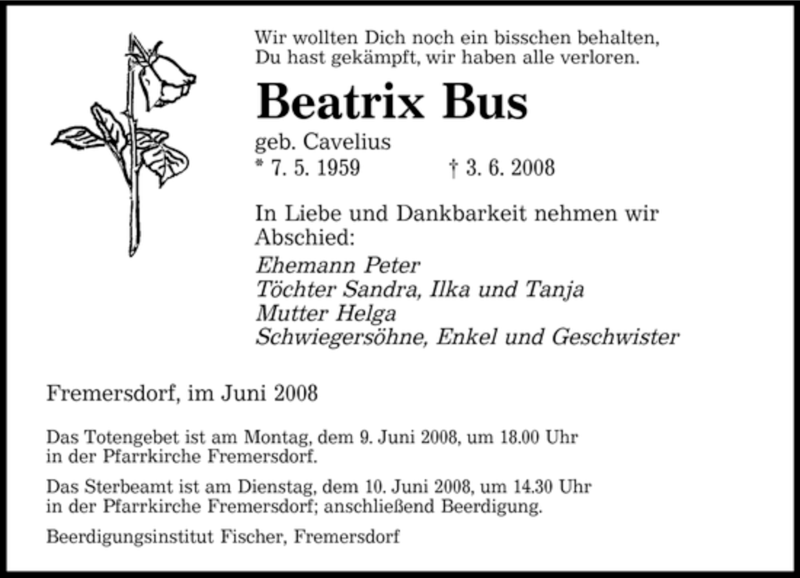 Traueranzeigen Von Beatrix Bus Saarbruecker Zeitung Trauer De