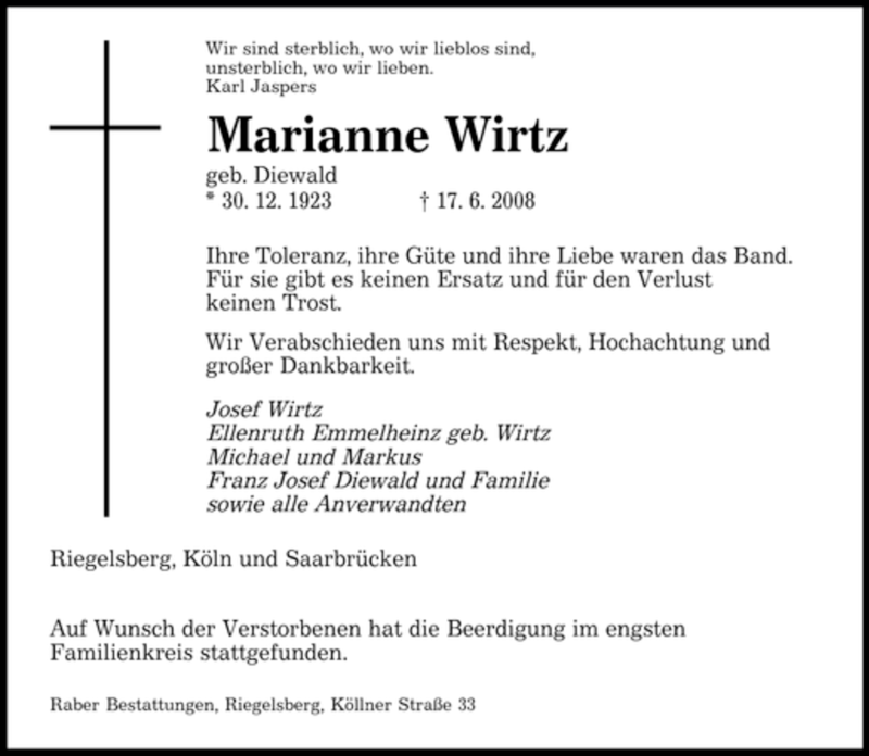 Traueranzeigen Von Marianne Wirtz Saarbruecker Zeitung Trauer De