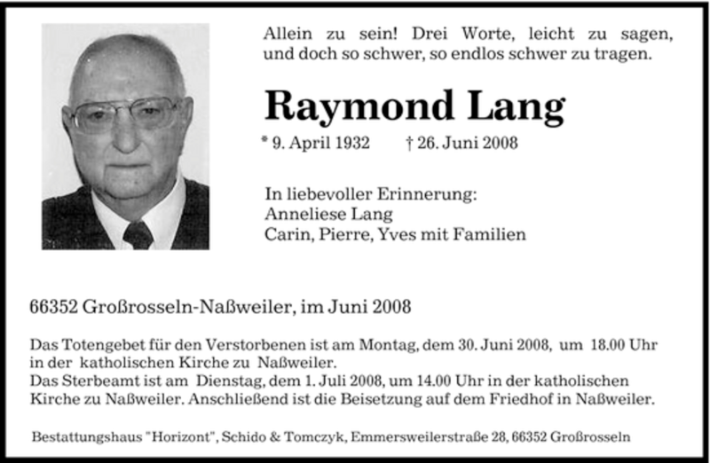 Traueranzeigen Von Raymond Lang Saarbruecker Zeitung Trauer De